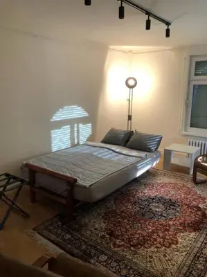 a bed in a room with a rug on the floor at Atelje 11 in Belgrade