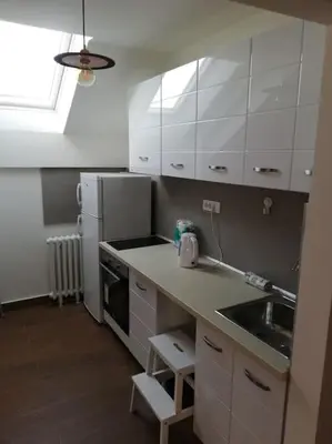a small kitchen with white cabinets and a sink at Atelje 11 in Belgrade