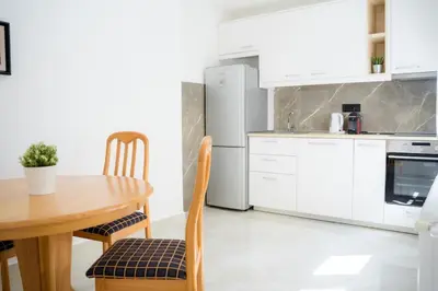 a kitchen with a table and a white refrigerator at Downtown, spacious, 2 bedroom apartment in Belgrade