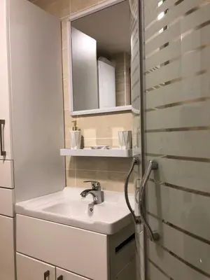 a bathroom with a sink and a mirror at Maja 2 in Ruma