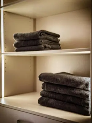 a bunch of towels sitting on a shelf at Nevski Apartment in Belgrade