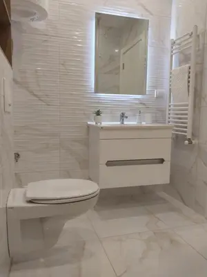 a bathroom with a toilet and a sink and a mirror at Lider Lux Apartman in Arandjelovac