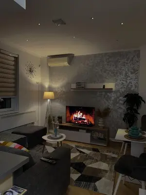 a living room with a fire place in the wall at Train 23 in Belgrade