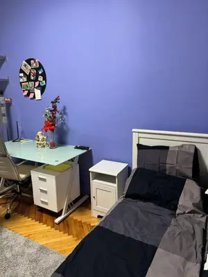a bedroom with a purple wall with a bed and a desk at Palma studio in Belgrade