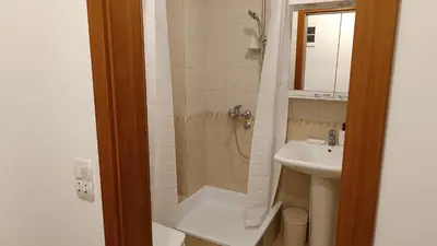 a bathroom with a shower and a sink at Apartman Anja in Velika Granice