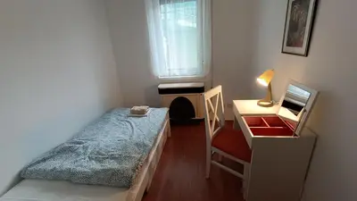 a bedroom with a bed and a desk and a window at Apartman Anja in Velika Granice