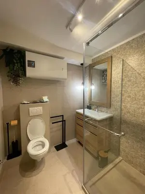 a bathroom with a toilet and a sink and a shower at NBG113 apartment in Belgrade