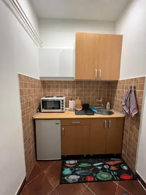a small kitchen with a microwave and a sink at M&L downtown apartment in Sajmište