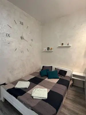 a bedroom with a bed with a clock on the wall at M&L downtown apartment in Sajmište
