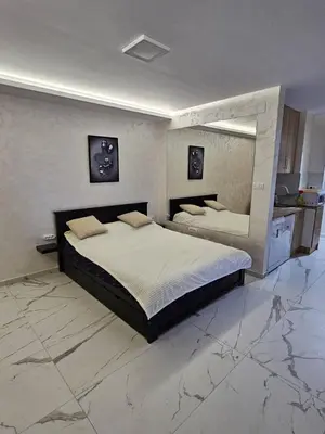 a large bedroom with two beds and a mirror at Stan na dan Jovanovic in Kneževac
