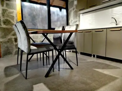 a dining table and chairs in a kitchen at Imanje in Arandjelovac