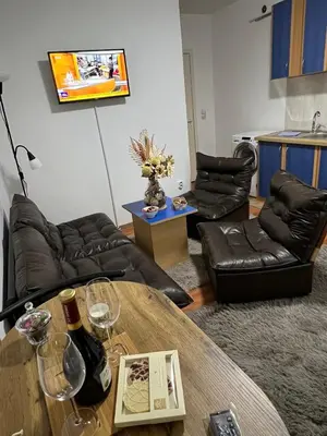 a living room with couches and a table with wine glasses at Apartment Dida Ledine in Belgrade