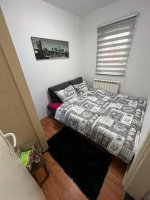 a small bedroom with a bed and a window at Apartment Dida Ledine in Belgrade
