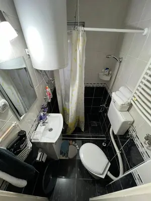 a bathroom with a toilet and a sink and a mirror at Apartment Dida Ledine in Belgrade