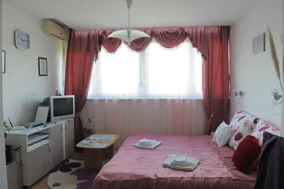 a bedroom with a pink bed and a window at Apartment Daca Stan na dan in Belgrade