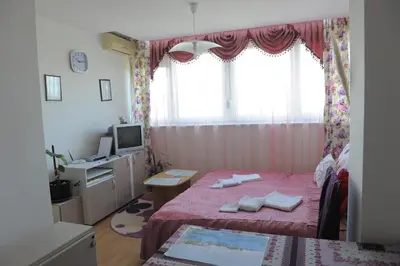 a bedroom with a pink bed and a desk and a television at Apartment Daca Stan na dan in Belgrade
