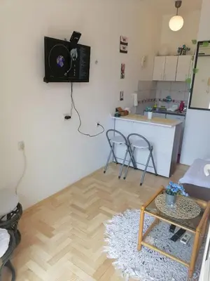a living room with a table and a kitchen at Small low cost studio in Belgrade