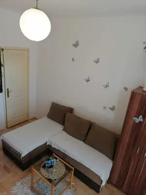 a living room with a couch and a table at Small low cost studio in Belgrade