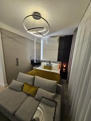 a bedroom with a bed and a couch and a chandelier at Dimiant Lux River BW in Sajmište