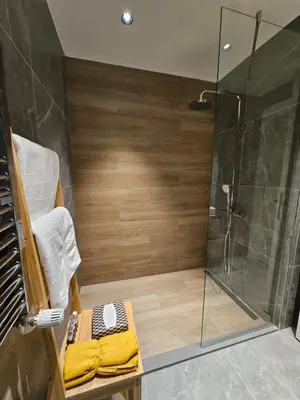 a bathroom with a shower with a glass shower stall at Dimiant Lux River BW in Sajmište