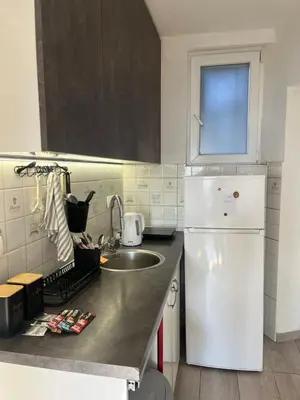 a kitchen with a white refrigerator and a sink at Lenny apartman in Belgrade