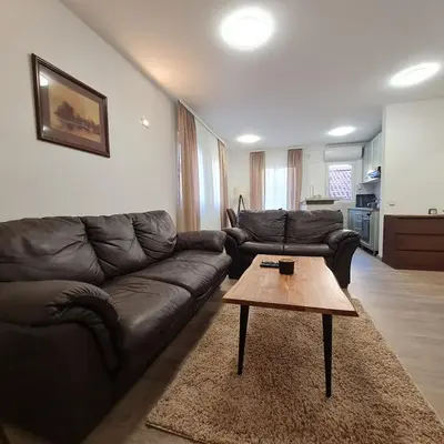 a living room with a leather couch and a coffee table at APARTMAN011 in Mirijevo
