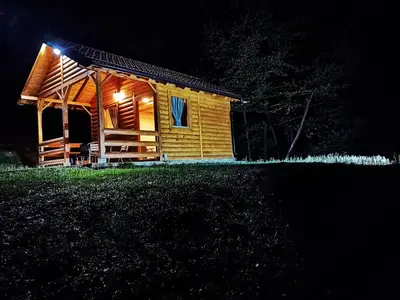 a wooden cabin at night with lights on it at Brvnara in Arandjelovac