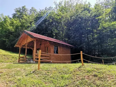 a wooden cabin in a field with trees in the background at Brvnara in Arandjelovac