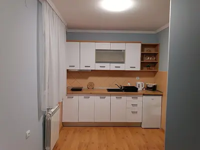 a kitchen with white cabinets and a wooden floor at Apartman Jela in Borča