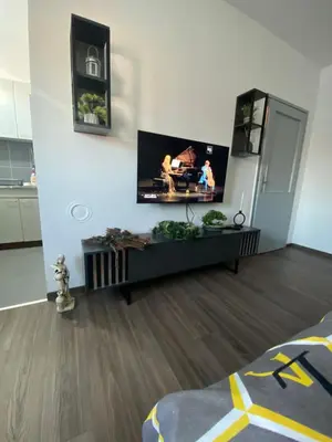 a living room with a flat screen tv on a wall at Apartman Felix in Zvezdara
