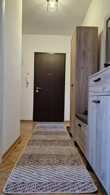 a hallway with a black door and a rug on the floor at CashIN apartment in Belgrade