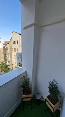 two potted plants sitting on a balcony with a window at CashIN apartment in Belgrade