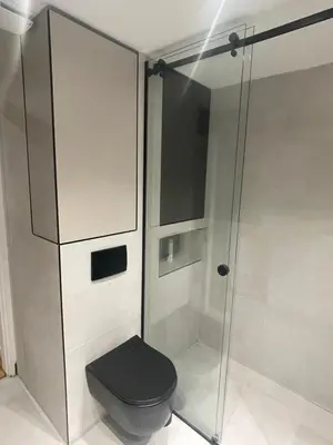 a bathroom with a black toilet and a shower at Green Place in Vračar (historical)