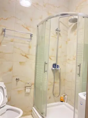 a bathroom with a shower and a toilet at Urban Aura Belgrade in Belgrade
