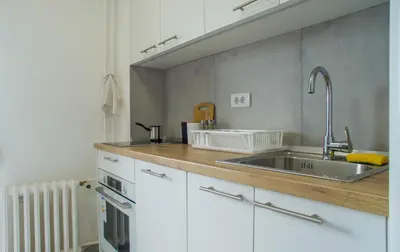 a kitchen with a sink and a counter top at Premium stan Novi Beograd in Novi Beograd