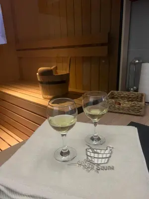 two glasses of white wine sitting on a towel at Lux studio sa saunom Ampelitsi in Ledine