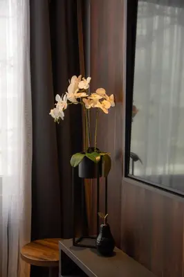 a vase with flowers on a table in a room at Olivia Rooms in Belgrade