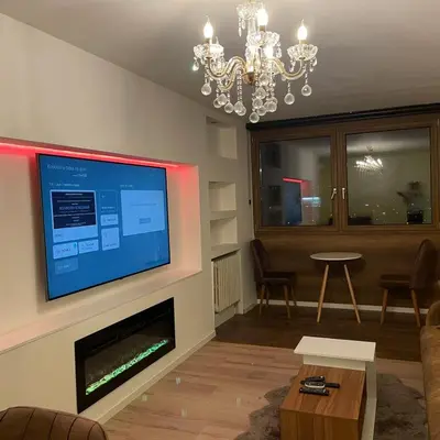 a living room with a fireplace and a flat screen tv at Loronobeo.forest in Belgrade