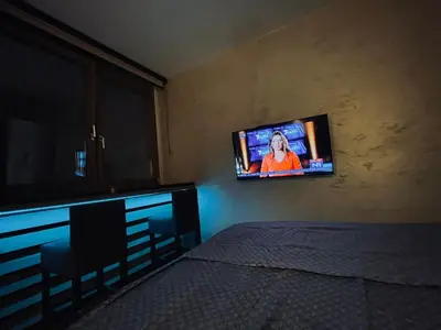 a tv on a wall in a bedroom with a bed at Loronobeo.forest in Belgrade