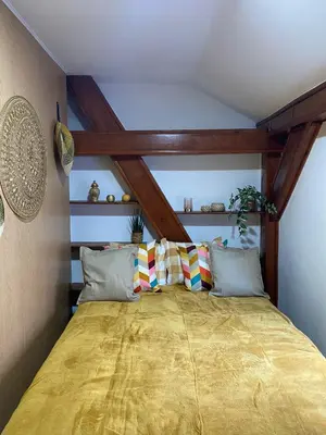 a bed in a room with wooden ceilings and pillows at Kapetan-Misa in Belgrade