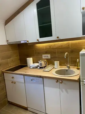 a kitchen with white cabinets and a sink at Kapetan-Misa in Belgrade