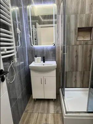 a bathroom with a sink and a shower and a mirror at Global City Studio in Belgrade