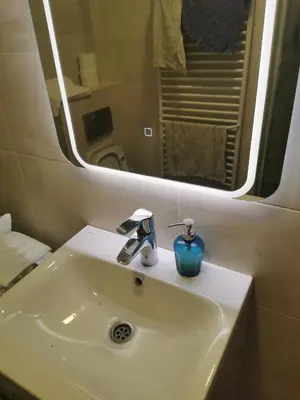 a bathroom with a sink and a mirror at Apartman Milica in Belgrade