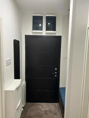 a black door with two pictures above it in a room at Oaza Mirijevo in Mirijevo