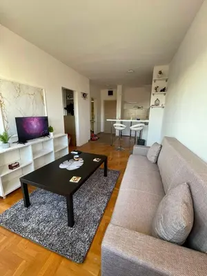 a living room with a couch and a coffee table at LV Apartments in Belgrade