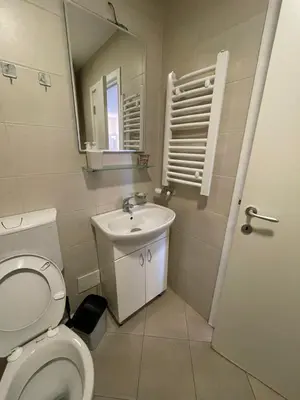 a bathroom with a toilet and a sink and a mirror at LV Apartments in Belgrade