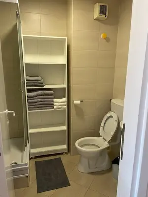 a bathroom with a toilet and a shower and towels at LV Apartments in Belgrade