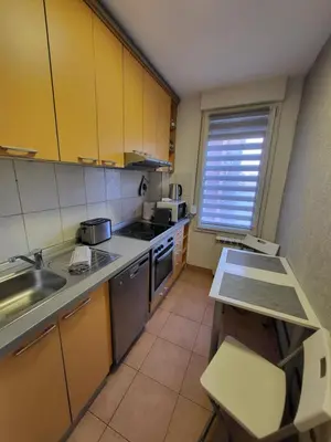 a small kitchen with a sink and a stove at Breeze Apartment in Žarkovo
