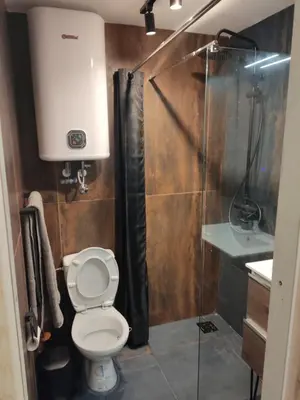 a small bathroom with a toilet and a shower at The nest in Dušanovac (historical)