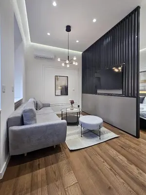 a living room with a couch and a tv at Central life in Belgrade